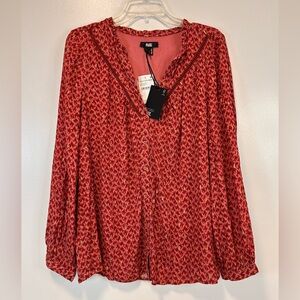 PAIGE Doris V-Neck Button Up Red Papaya‎ Gold Long Sleeve Blouse Women’s Large